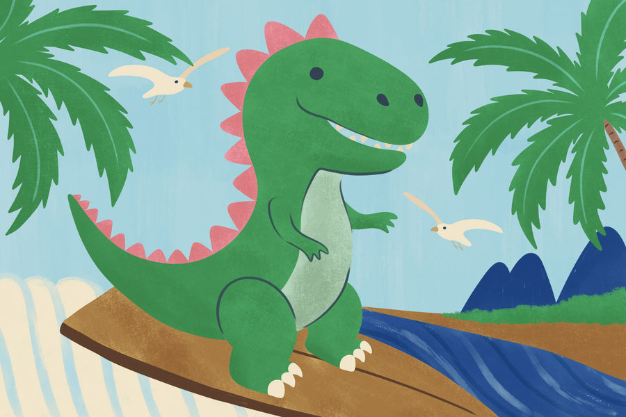 Surfing Baby Dino Mural Wallpaper