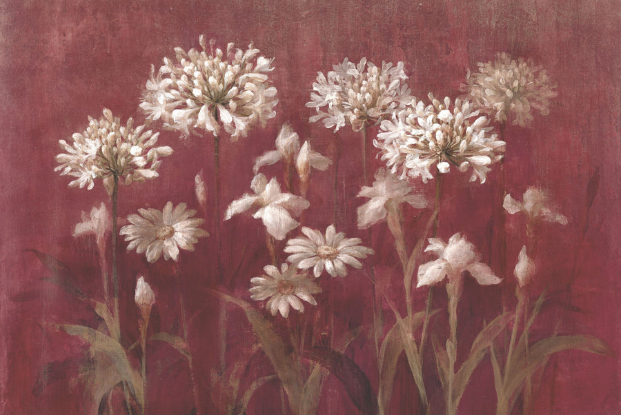 Garden Flowers on Burgundy Mural Wallpaper