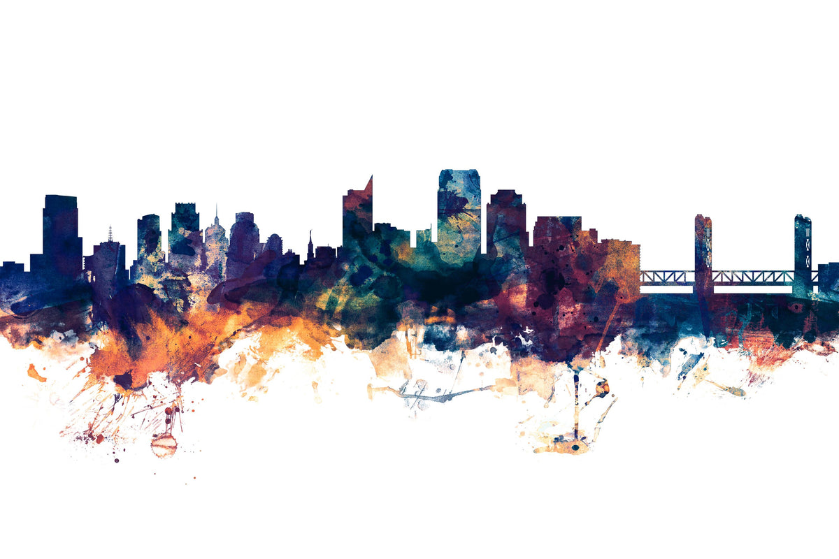 Sacramento California Skyline Blue & Bronze Mural Wallpaper - pure wallpaper artwork