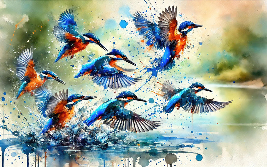 Aqua Flight of Kingfishers Mural Wallpaper
