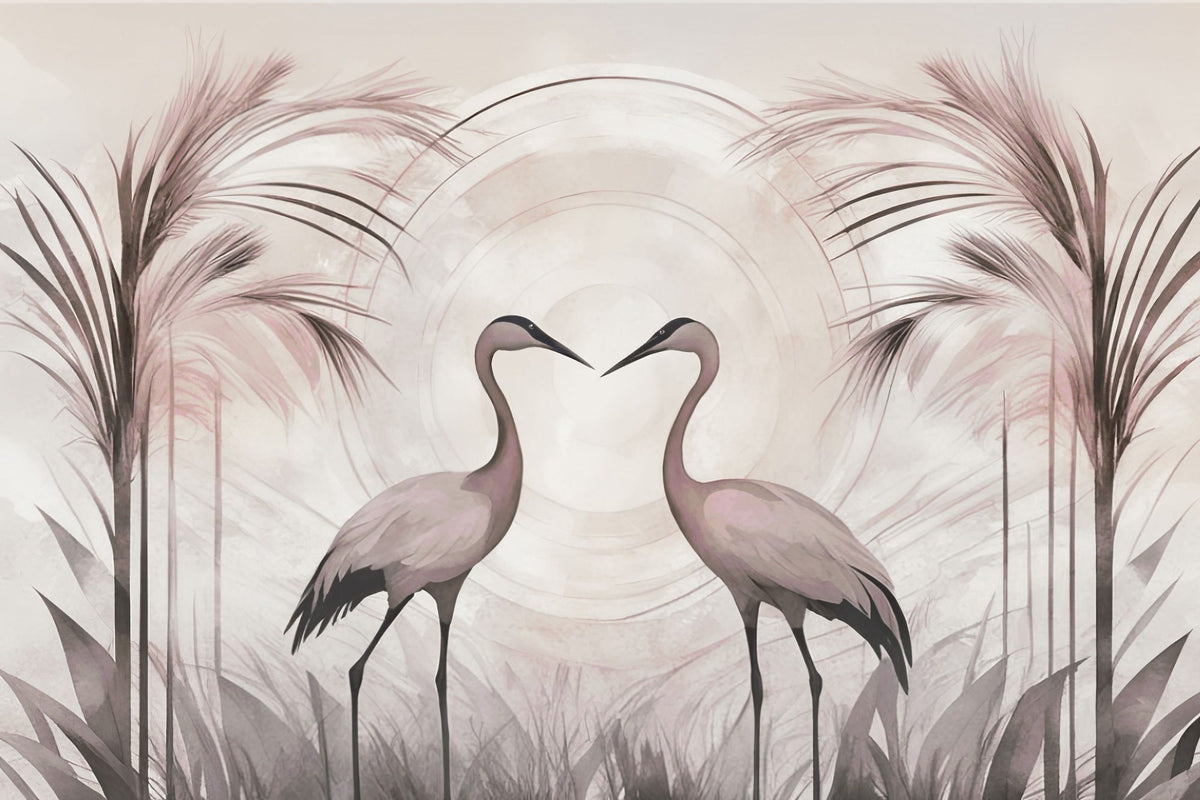 Cranes At Sunset Smoke Mural Wallpaper - pure wallpaper artwork
