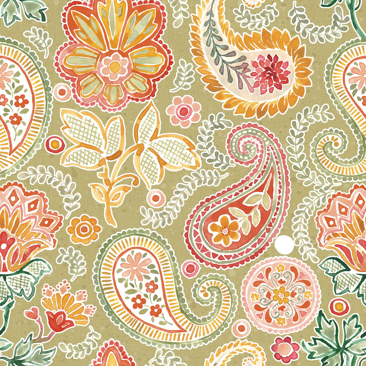 Harvest Paisley Mini Swamp Green Mural Wallpaper - pure wallpaper artwork