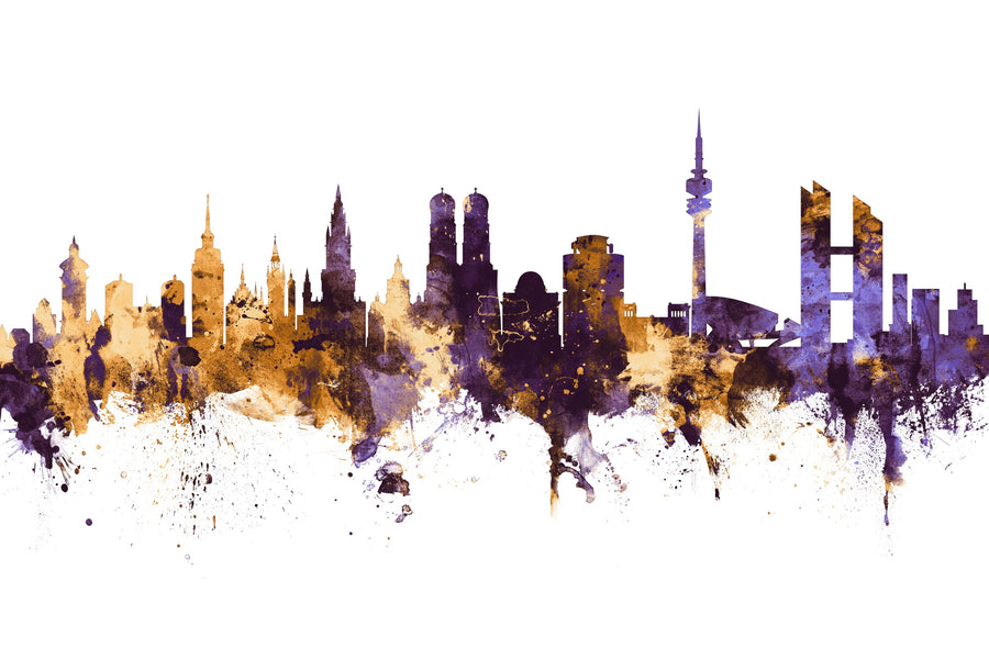 Munich Skyline Purple & Gold Mural Wallpaper