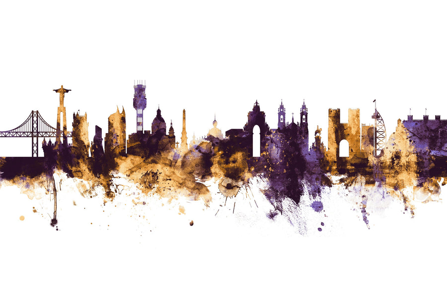Lisbon Portugal Skyline Purple & Gold Mural Wallpaper