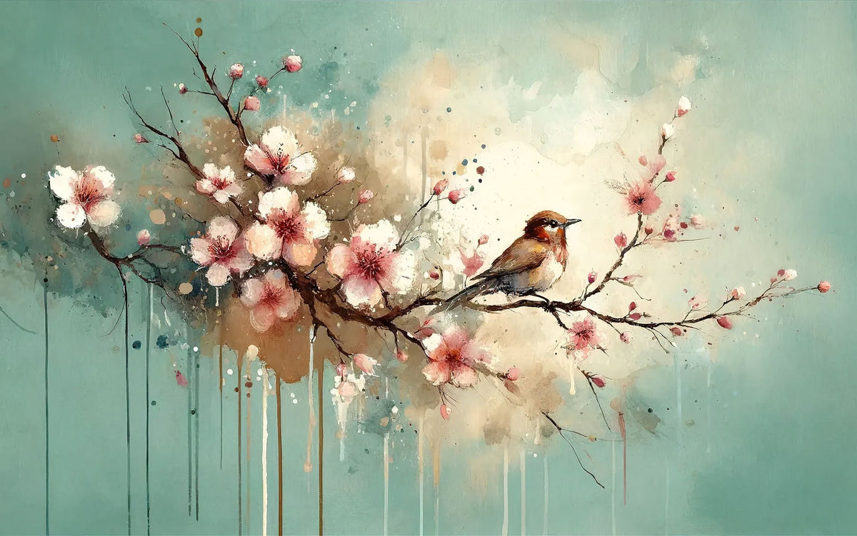 Cherry Blossoms Whispers on Teal Breeze Mural Wallpaper - pure wallpaper artwork