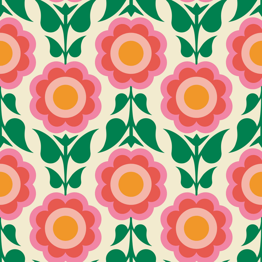 Retro Bold Blooms, Pink Mural Wallpaper