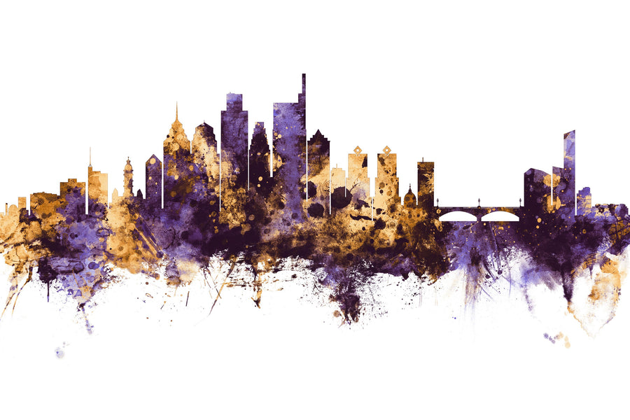 Philadelphia Skyline Purple & Gold Mural Wallpaper
