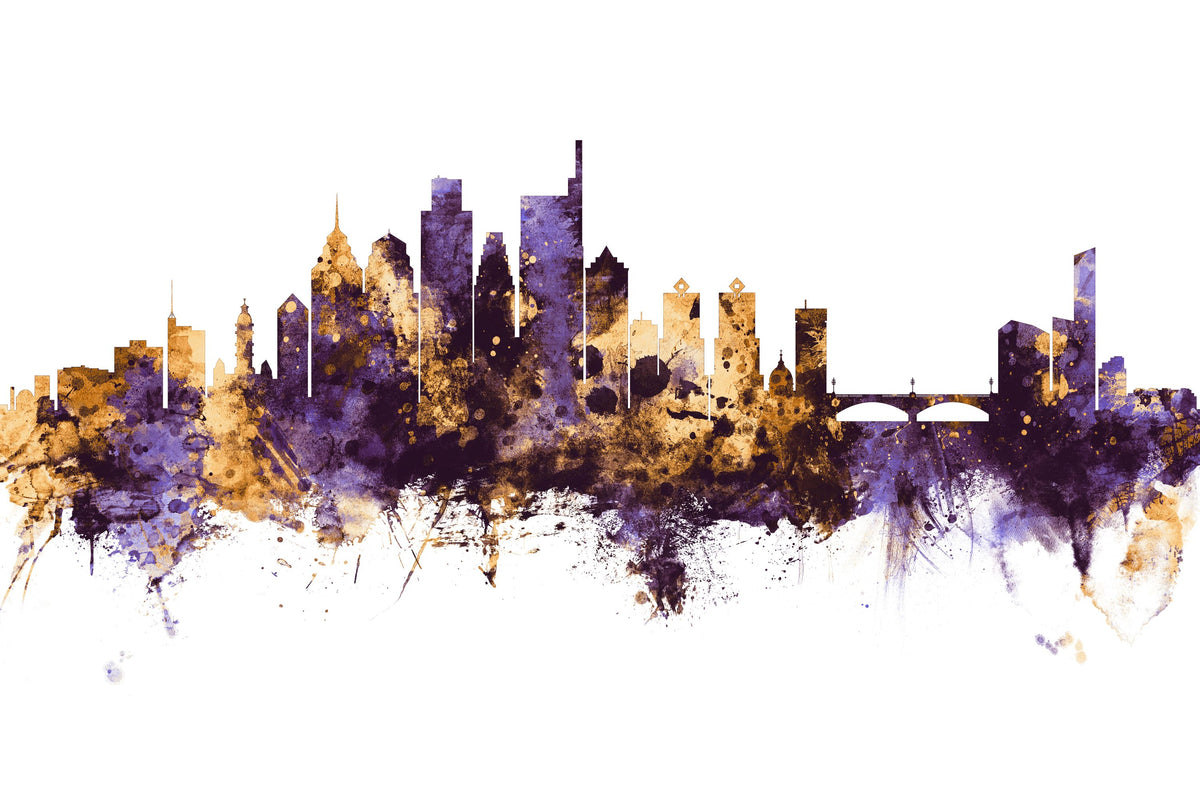 Philadelphia Skyline Purple & Gold Mural Wallpaper - pure wallpaper artwork
