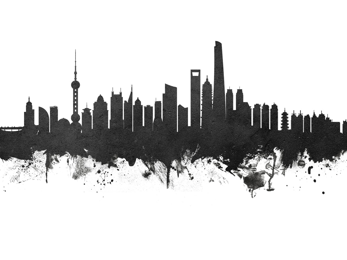 Shanghai China Skyline Black & White Mural Wallpaper - pure wallpaper artwork