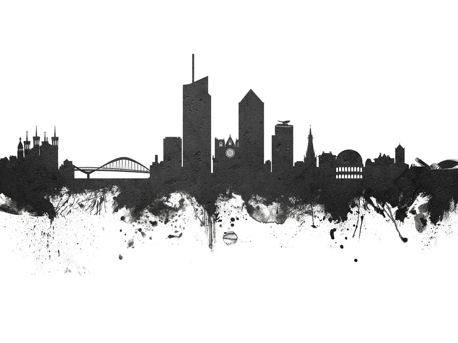 Lyon France Skyline Black & White Mural Wallpaper