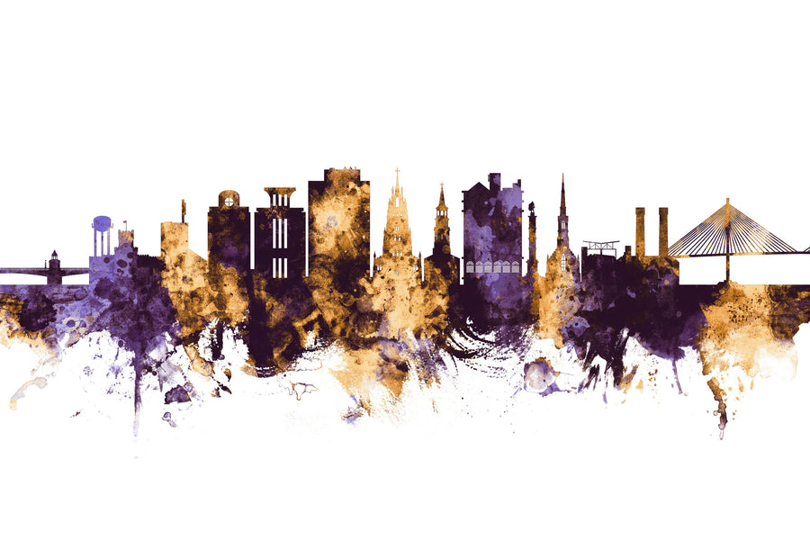 Charleston South Carolina Skyline Purple & Gold Mural Wallpaper
