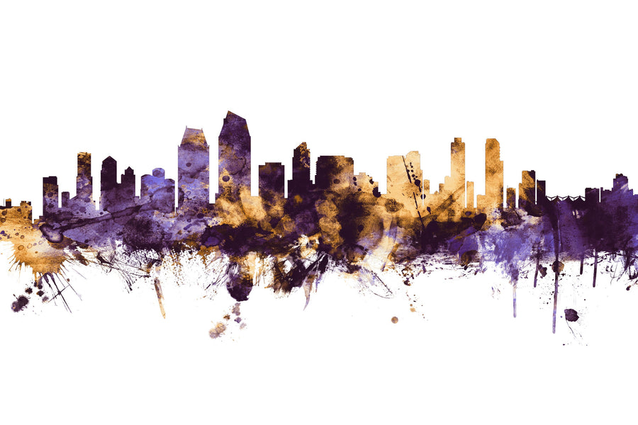 San Diego California Skyline Purple & Gold Mural Wallpaper