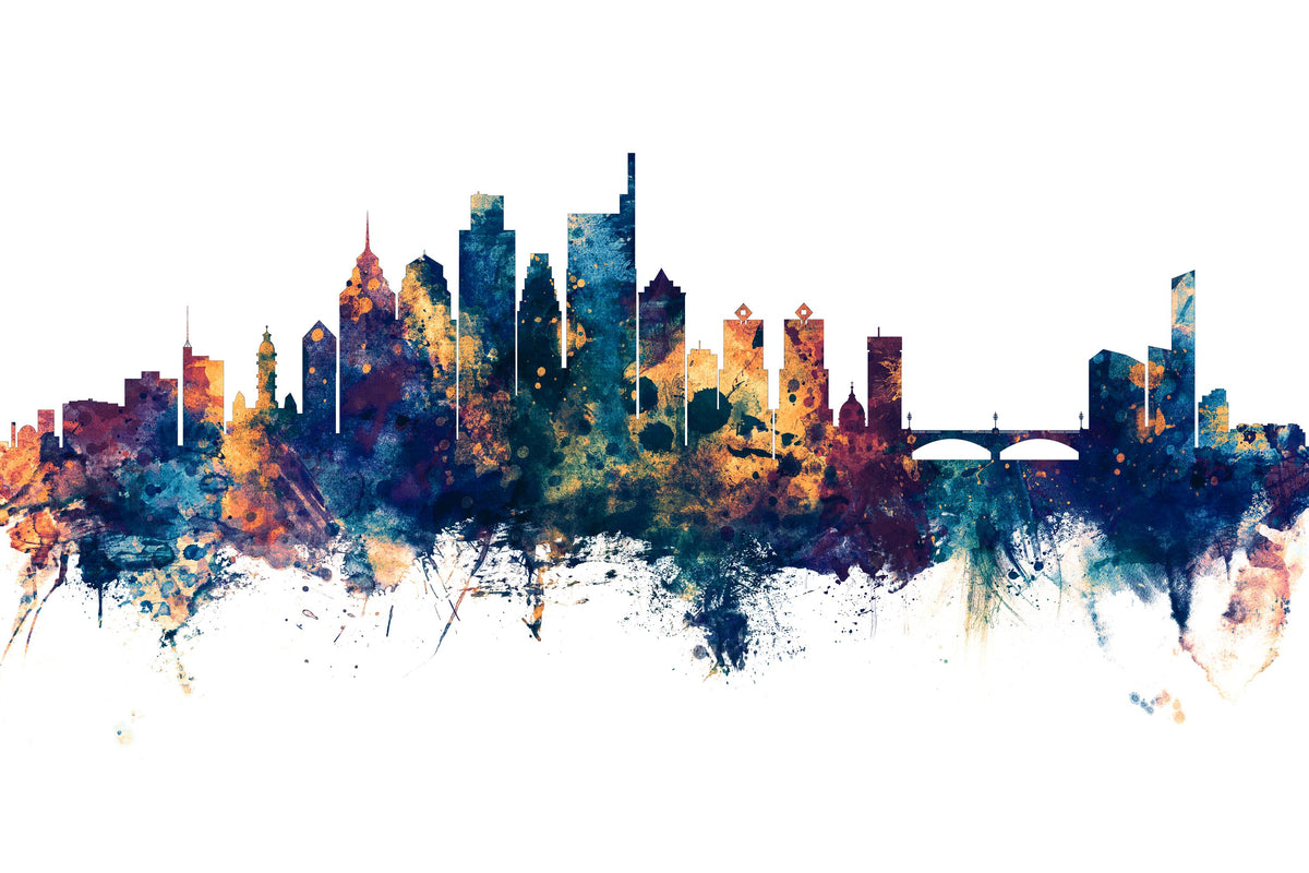 Philadelphia Skyline Blue & Bronze Mural Wallpaper - pure wallpaper artwork