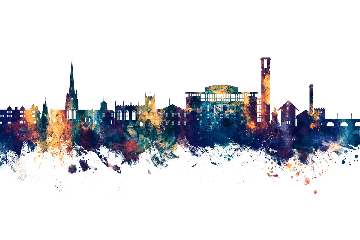 Stratford-upon-Avon England Skyline Blue & Bronze Mural Wallpaper - pure wallpaper artwork