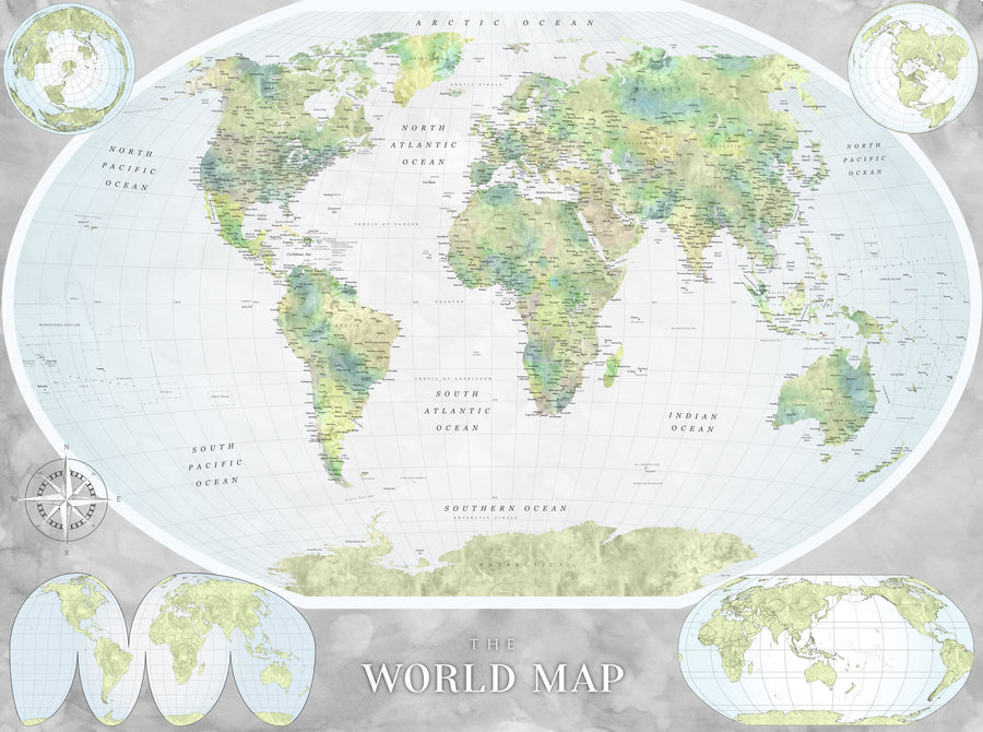World Map Atlas Green Mural Wallpaper