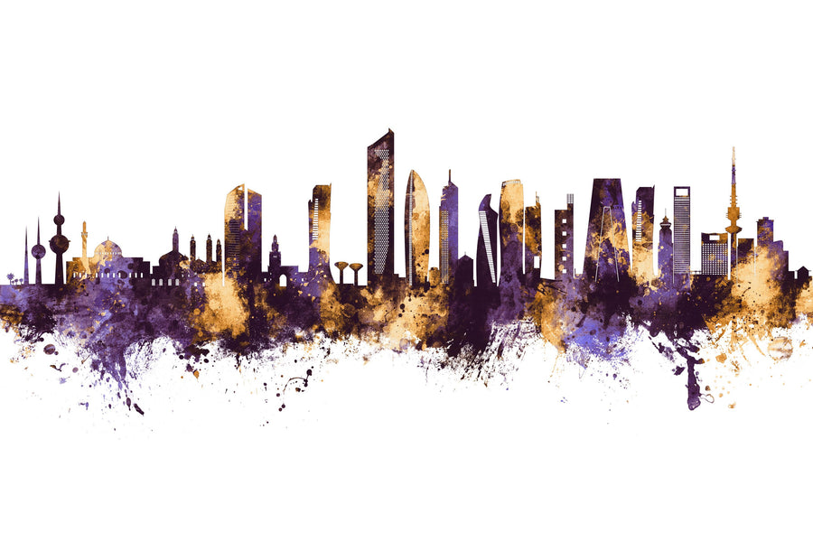 Kuwait City Skyline Purple & Gold Mural Wallpaper