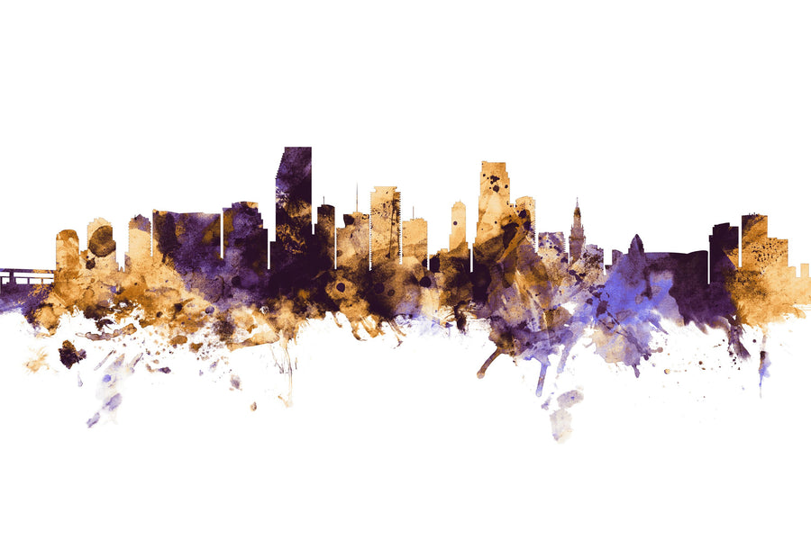 Miami Florida Skyline Purple & Gold Mural Wallpaper