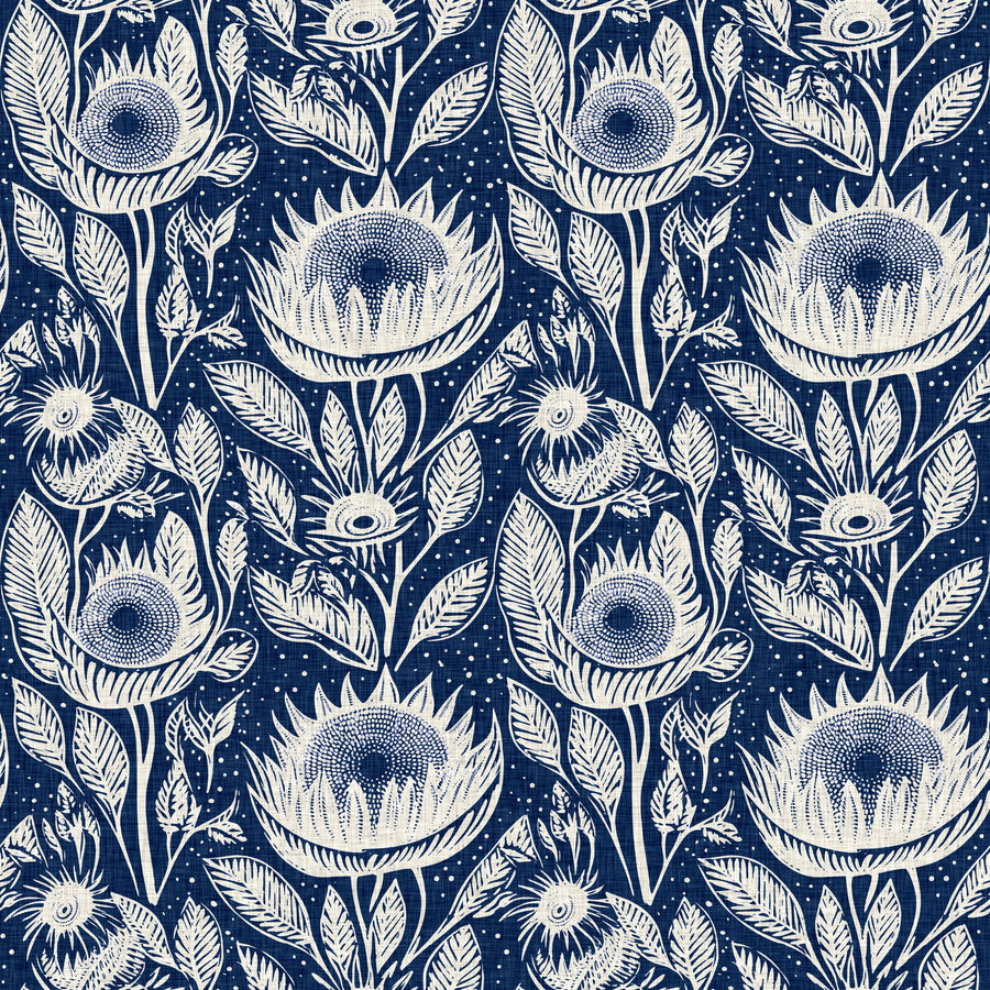 Sunflower Buds, Indigo Blue Mural Wallpaper