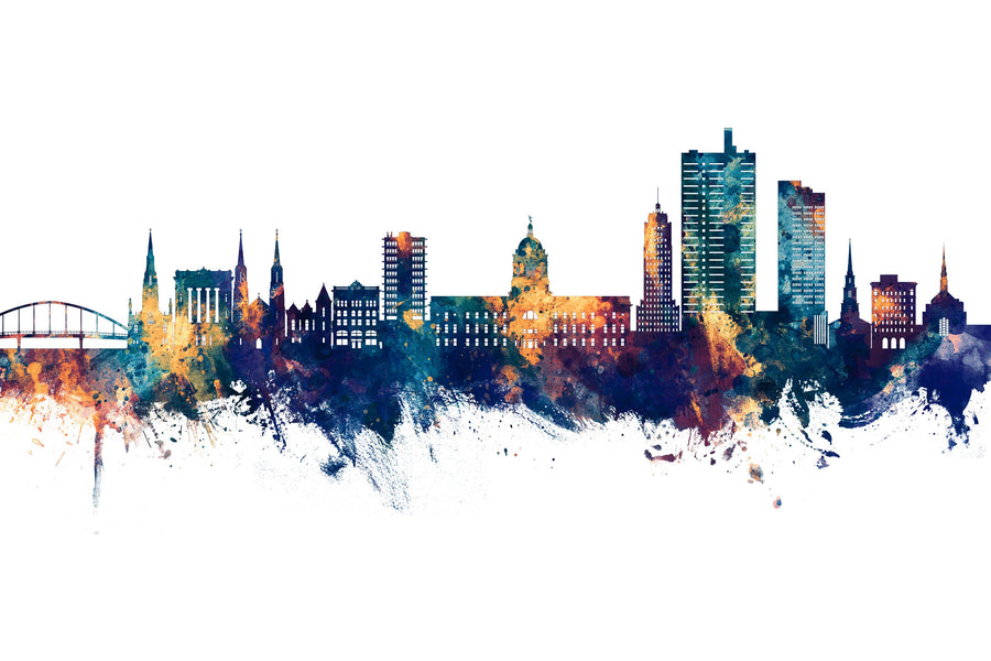 Fort Wayne Indiana Skyline Blue & Bronze Mural Wallpaper