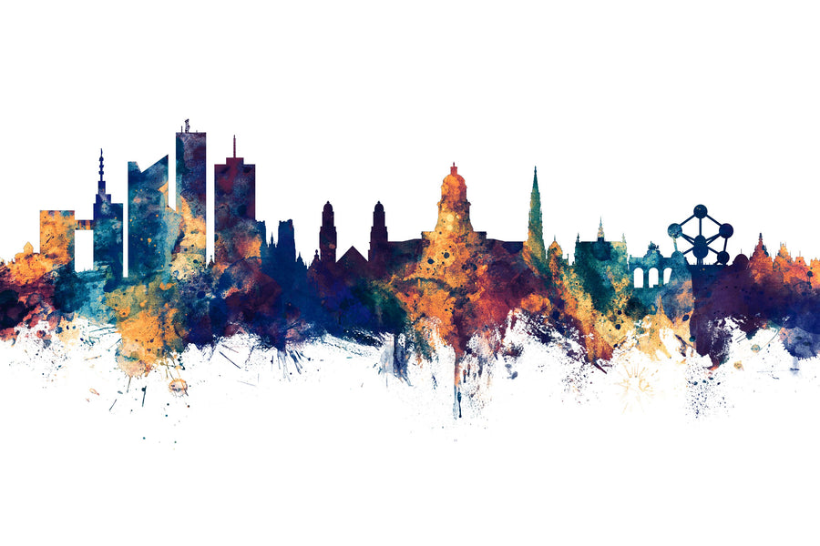 Brussels Belgium Skyline Blue & Bronze Mural Wallpaper