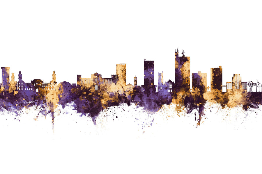 Lubbock Texas Skyline Purple & Gold Mural Wallpaper