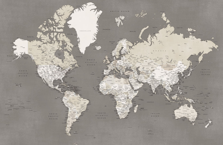 World Map Cities - Earthy Mural Wallpaper