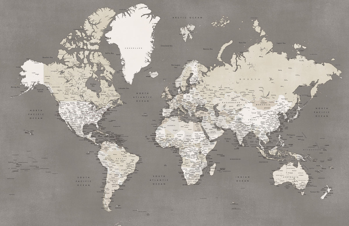 World Map Cities - Earthy Mural Wallpaper - pure wallpaper artwork