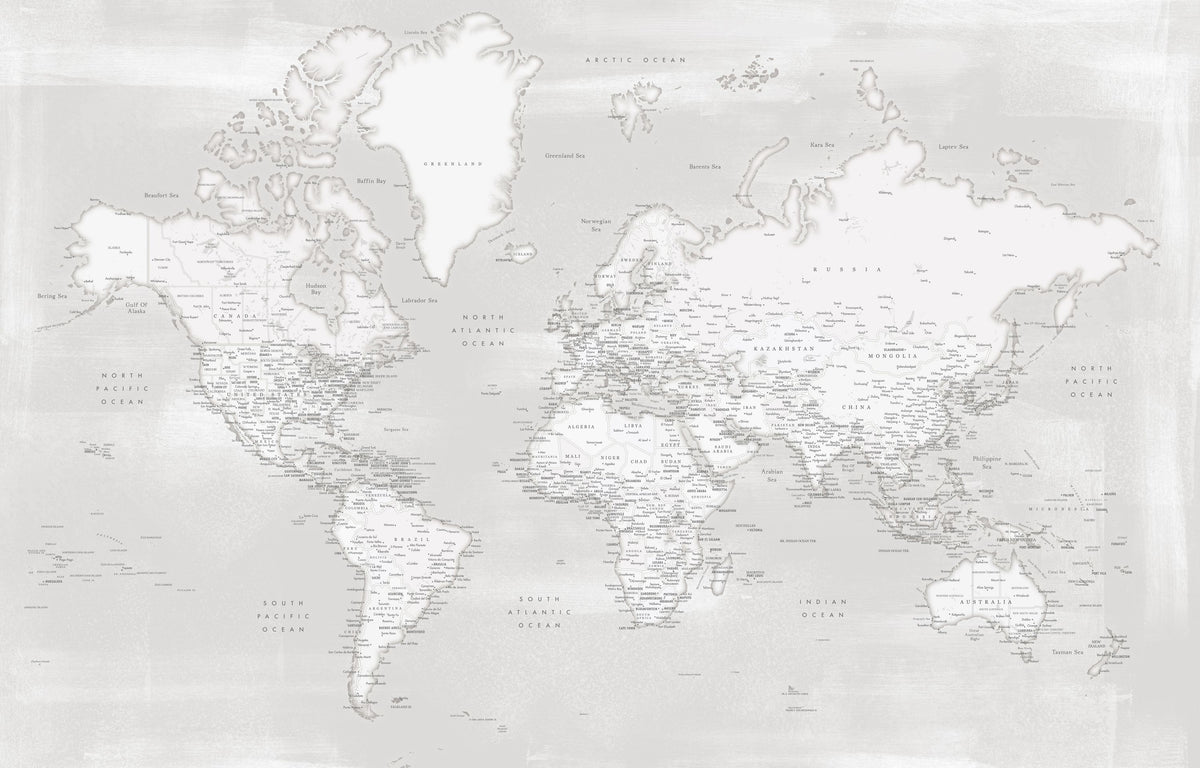 World Map Cities - Maeli Neutral Mural Wallpaper - pure wallpaper artwork