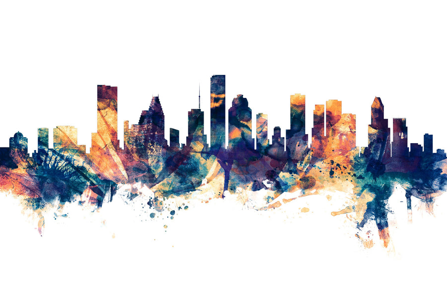 Houston Skyline Blue & Bronze Mural Wallpaper
