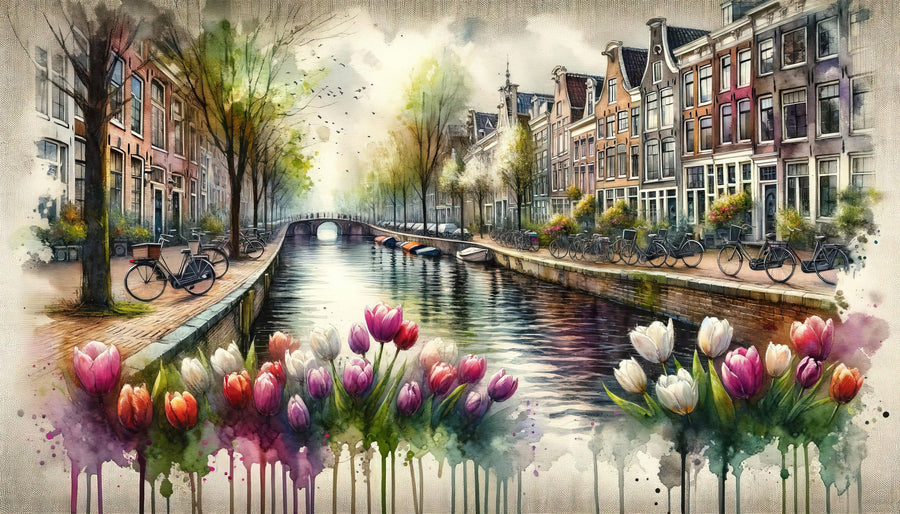 Watercolor Canal Scene Dutch Houses Mural Wallpaper