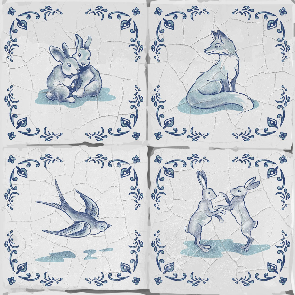 Forest Animals Telft, Tiles, Blue Mural Wallpaper - pure wallpaper artwork