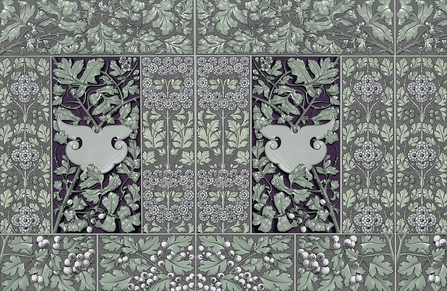 Flowers and Berries Green Mural Wallpaper