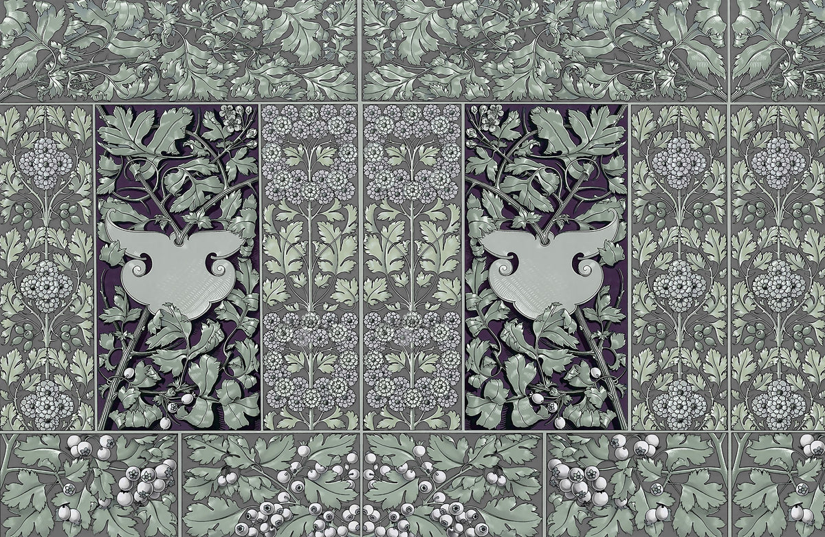 Flowers and Berries Green Mural Wallpaper - pure wallpaper artwork