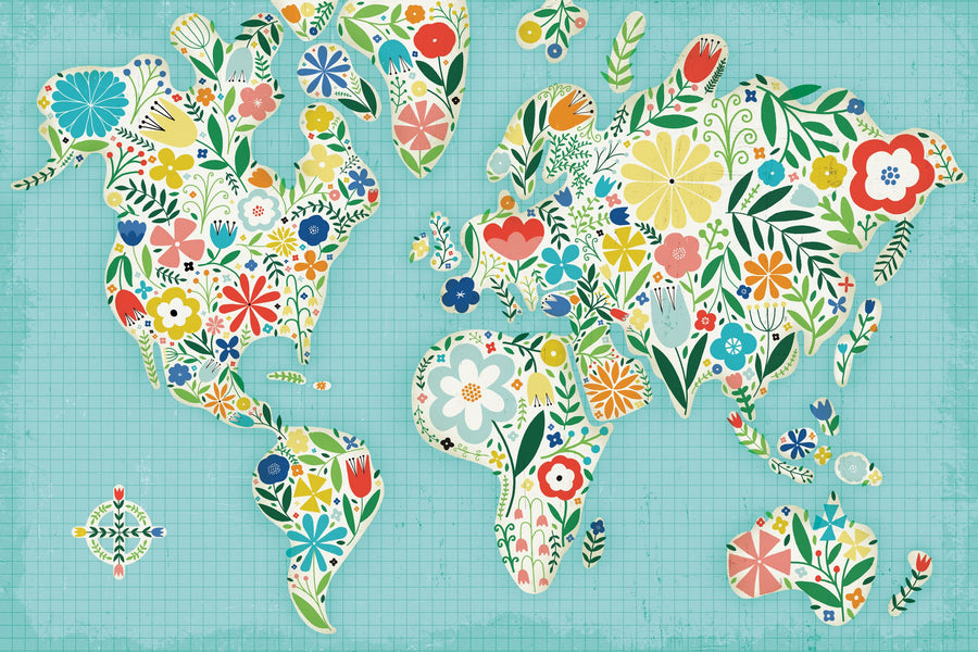 Floral World Blue Mural Wallpaper
