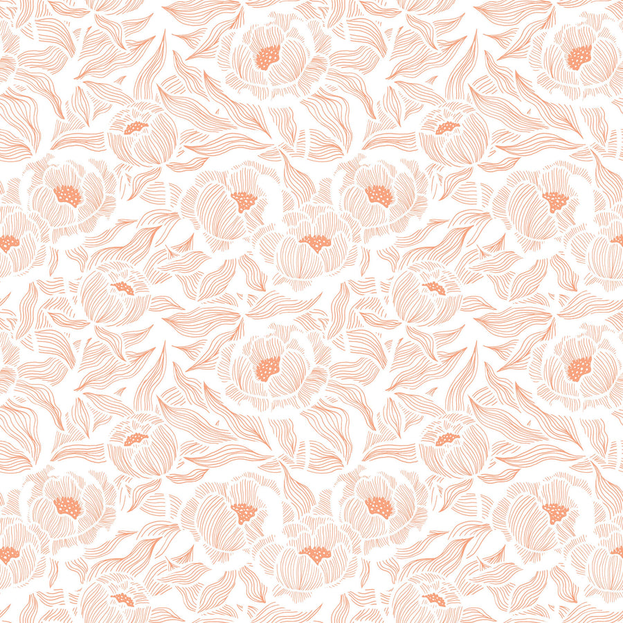 Hidden Peonies, Orange on White Mural Wallpaper