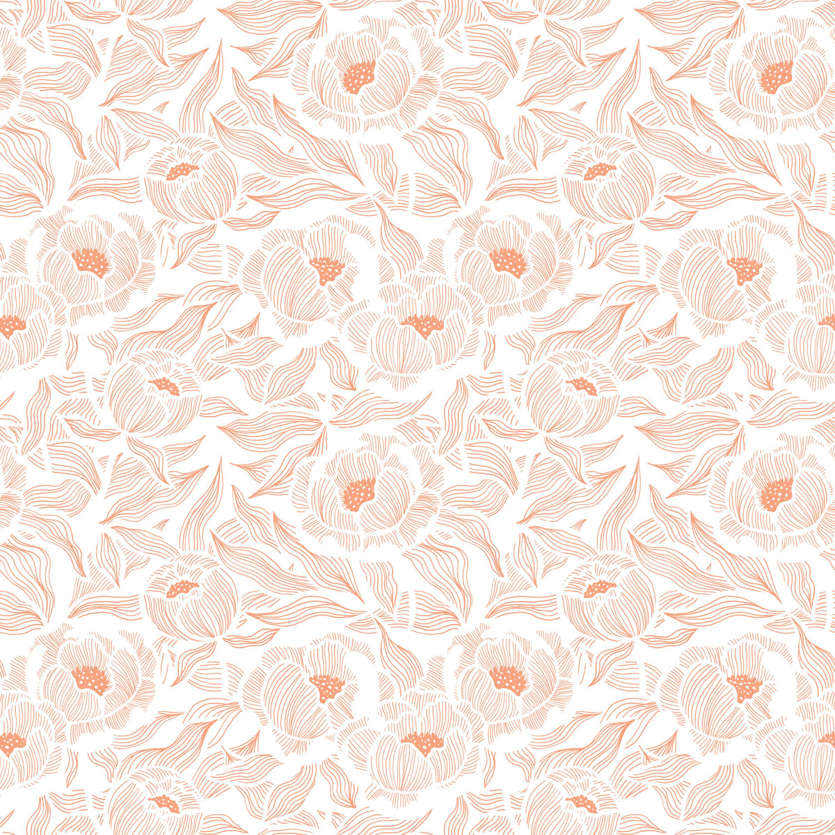 Hidden Peonies, Orange on White Mural Wallpaper - pure wallpaper artwork