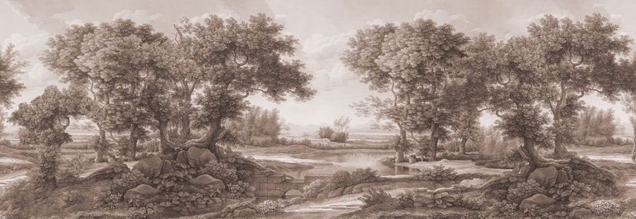 Landscape Wallpaper Mural – Scenery Wall Mural – Riverbank Oak Landscape, Sepia printable artwork