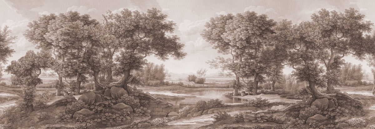 Riverbank Oak Landscape, Sepia Mural Wallpaper - pure wallpaper artwork