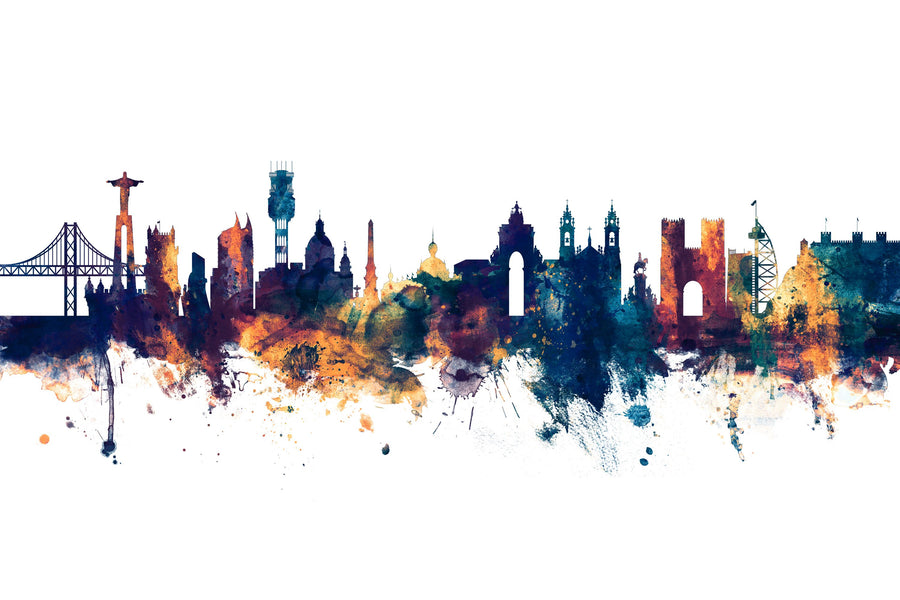 Lisbon Portugal Skyline Blue & Bronze Mural Wallpaper