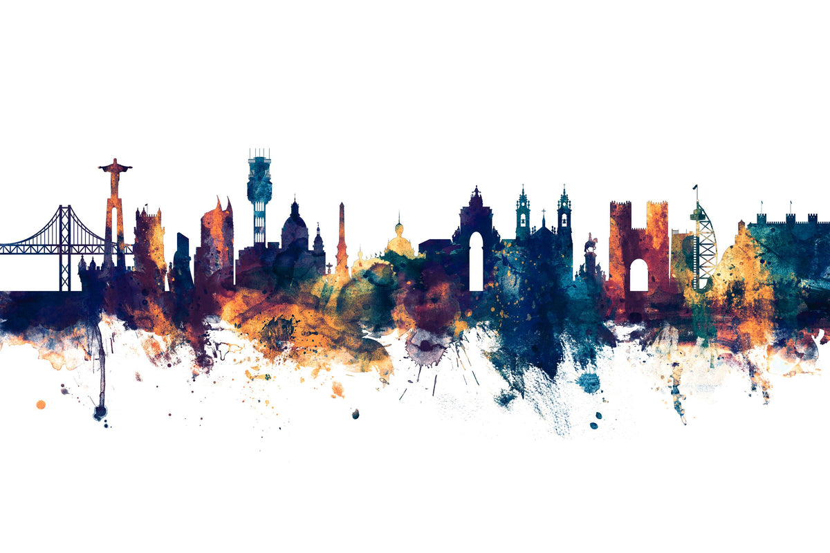 Lisbon Portugal Skyline Blue & Bronze Mural Wallpaper - pure wallpaper artwork