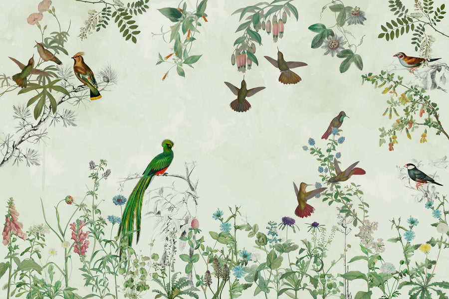 Fields of Birds and Flowers Mural Wallpaper - Neutral Tone