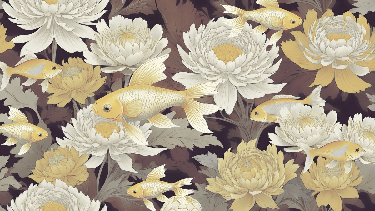 Dancing Fish, Yellow on Brown Mural Wallpaper - pure wallpaper artwork