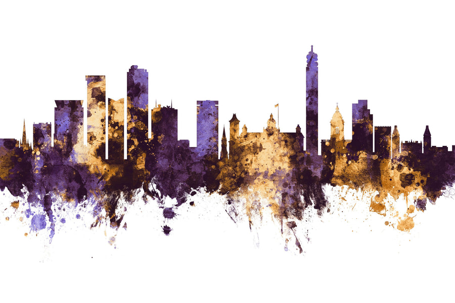 Birmingham England Skyline Purple & Gold Mural Wallpaper