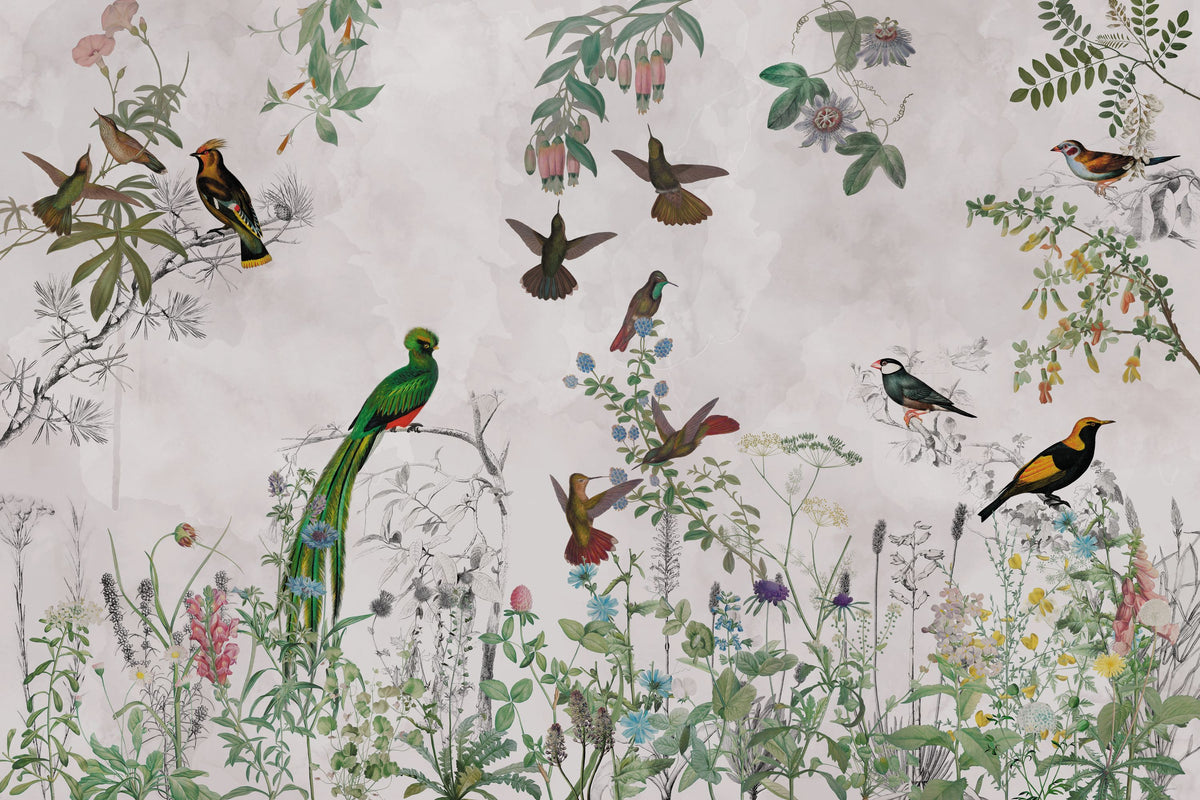 Fields of Birds and Flowers Mural Wallpaper - Edition 4 - pure wallpaper artwork
