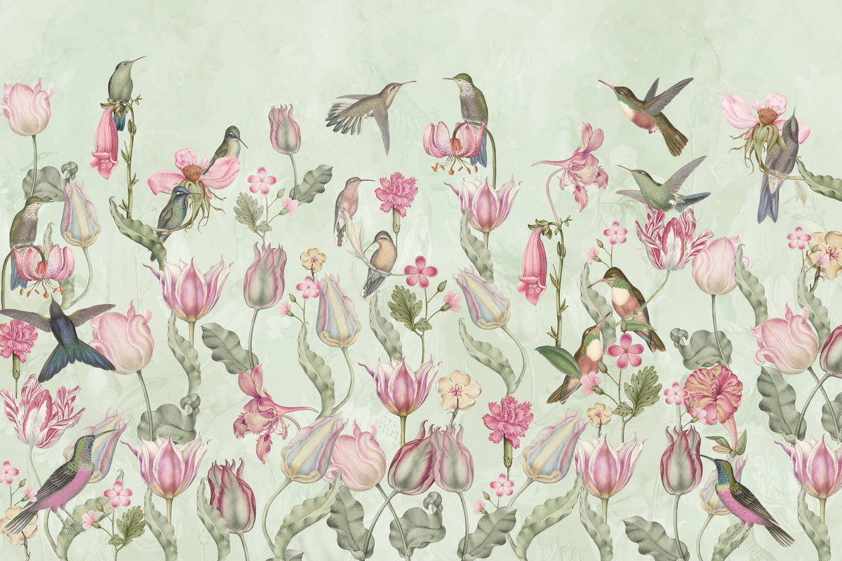 Tulips & Birds, Mint Mural Wallpaper - pure wallpaper artwork