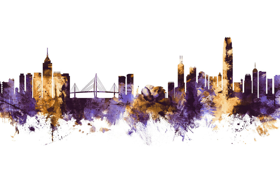 Hong Kong Skyline Purple & Gold Mural Wallpaper