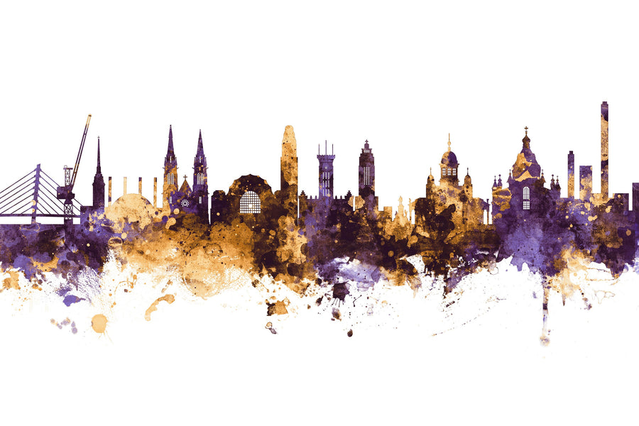Helsinki Skyline Purple & Gold Mural Wallpaper