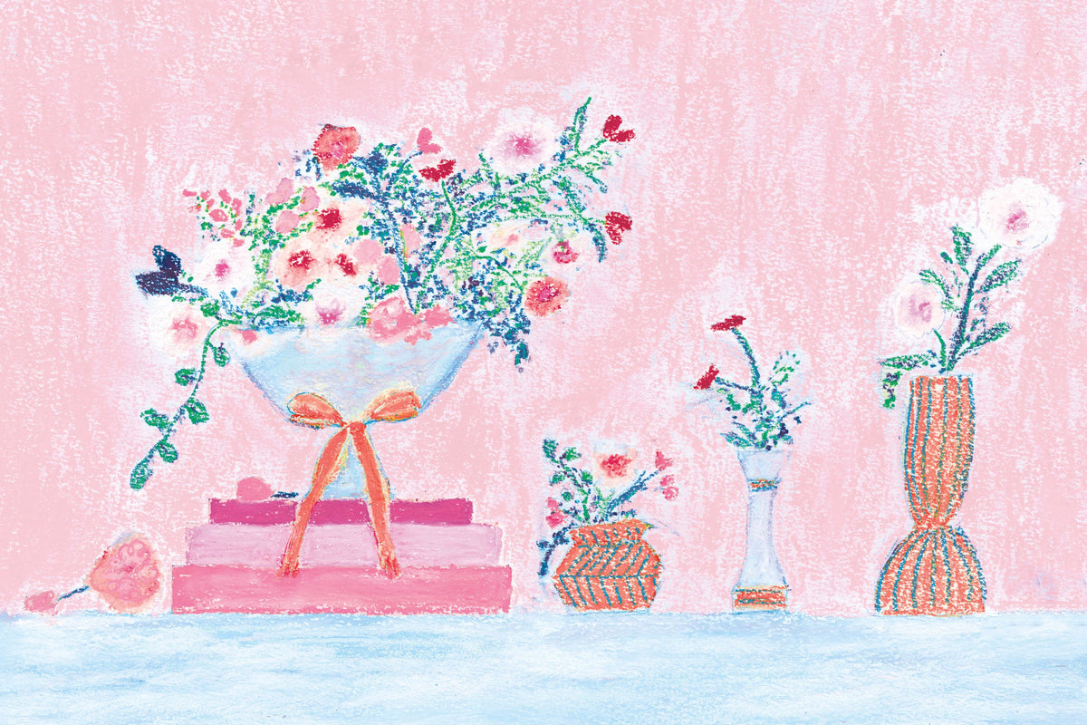 Flower Vases and Books Pink Mural Wallpaper - pure wallpaper artwork