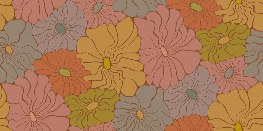 Cool Fluid Flowers, Muted Mural Wallpaper