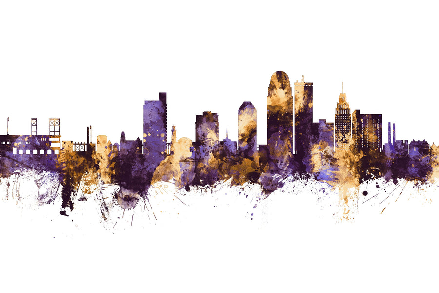 Winston-Salem North Carolina Skyline Purple & Gold Mural Wallpaper